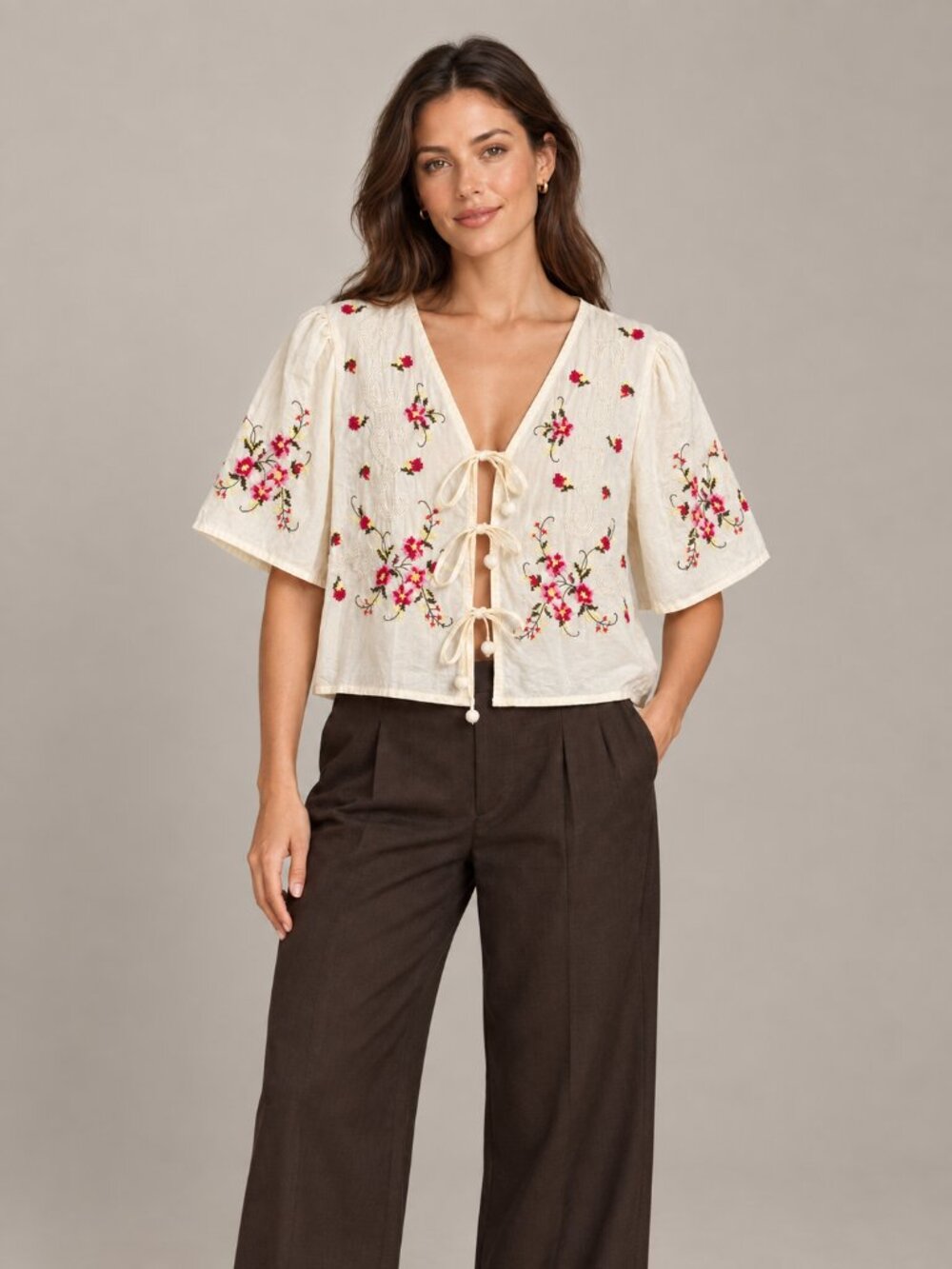 Jennifer & Grace Floral Embroidered Tie Front Cotton Blouse Cream S NWT